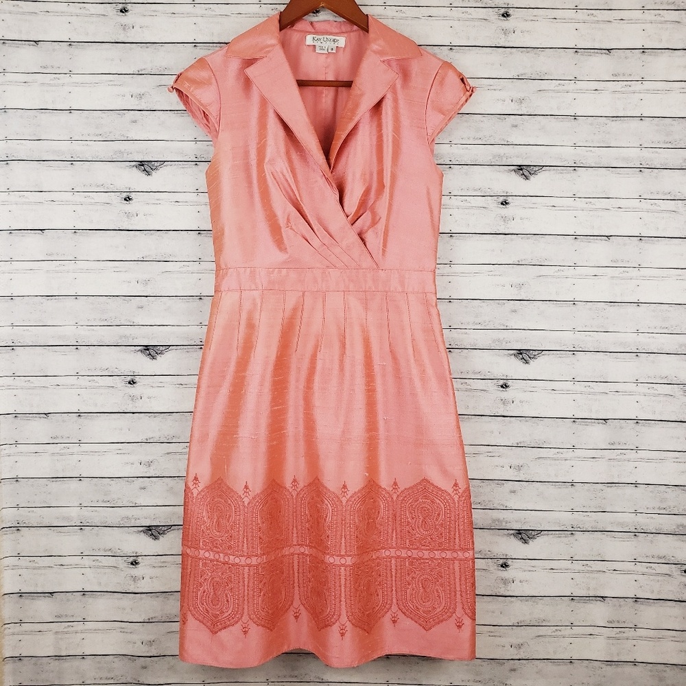 Kay Unger | Coral Silk Embroidered Hem Dress